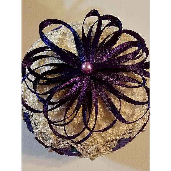 Two Quilted Christmas Ball Ornaments Handmade Purple Victorian Look - Picture 7 of 10